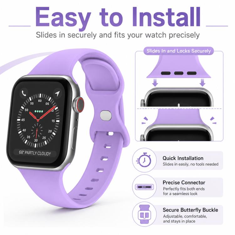 Purple silicone Apple Watch band with a butterfly buckle and slide-in watch connectors.