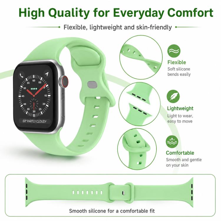 Light green silicone Apple Watch band with buckle, adjustment holes, and slide-in connectors.