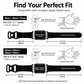 Black watch band sizing guide showing strap lengths and compatible Apple Watch sizes.
