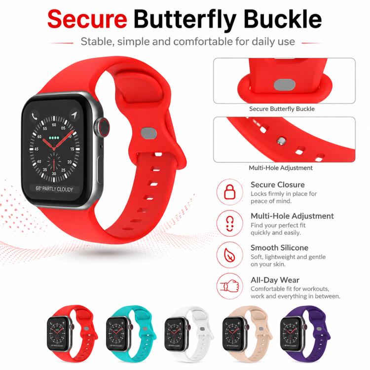 Red silicone Apple Watch band with butterfly buckle and multiple adjustment holes.