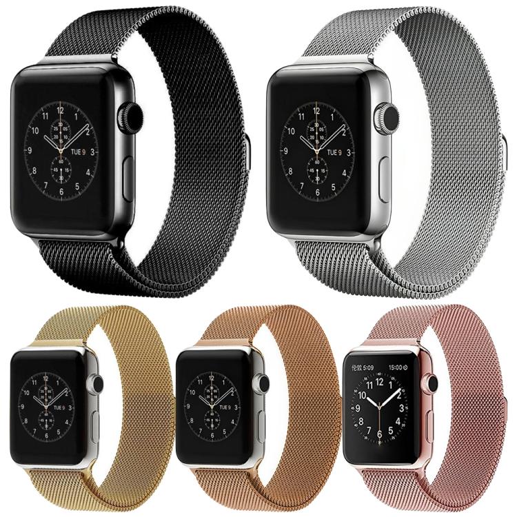 Five Milanese mesh watch bands in black, silver, gold, bronze and rose gold, shown on watches