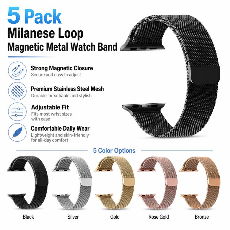Black Milanese mesh watch band with magnetic clasp, alongside five available colors