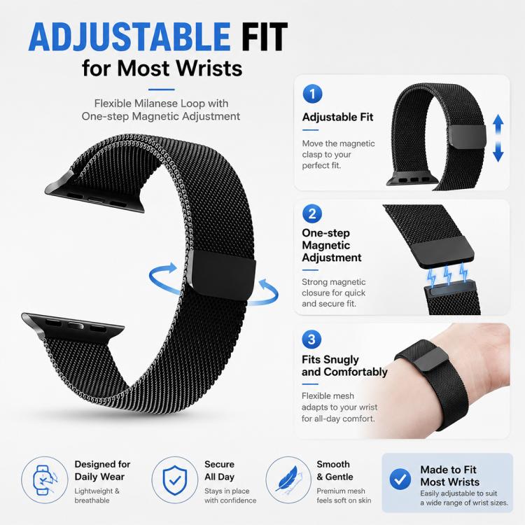 Black Milanese mesh watch band with adjustable magnetic clasp, shown on a wrist