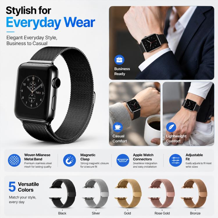 Black Milanese mesh watch band shown on a watch and on wrists, with five color options