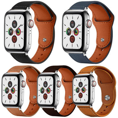 Five genuine leather watch bands in black, navy, brown, and tan, shown with watches.