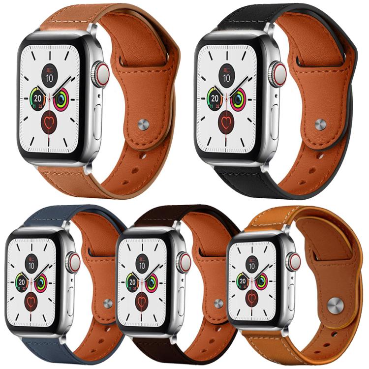 Five genuine leather watch bands in tan, black, navy, and brown, shown with watches.