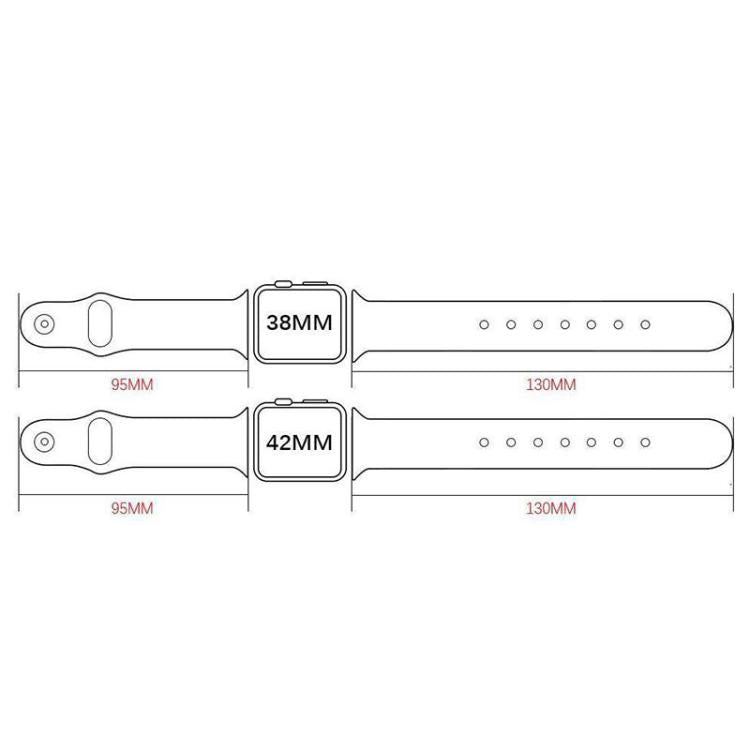 Leather watch band size diagram showing 38 mm and 42 mm options with strap measurements.