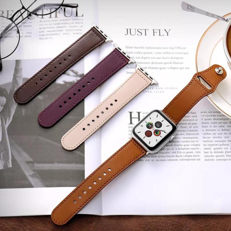 Brown leather watch band shown on a watch beside dark brown, burgundy, and pale pink bands.