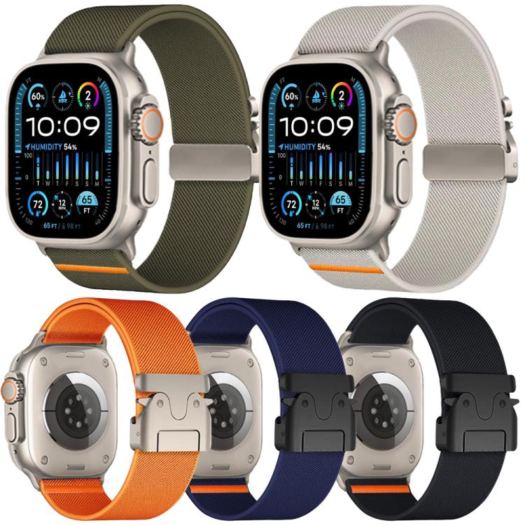 Five stretch nylon Apple Watch bands in olive green, starlight, orange, navy, and black.