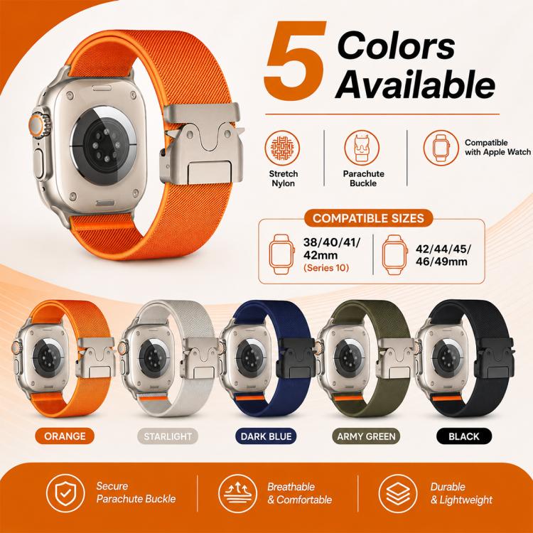 Five-color stretch nylon Apple Watch band set with parachute buckles.