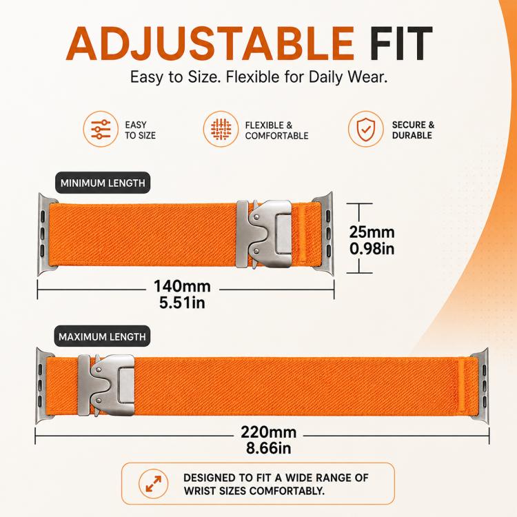 Orange stretch nylon Apple Watch band shown at minimum and maximum lengths.