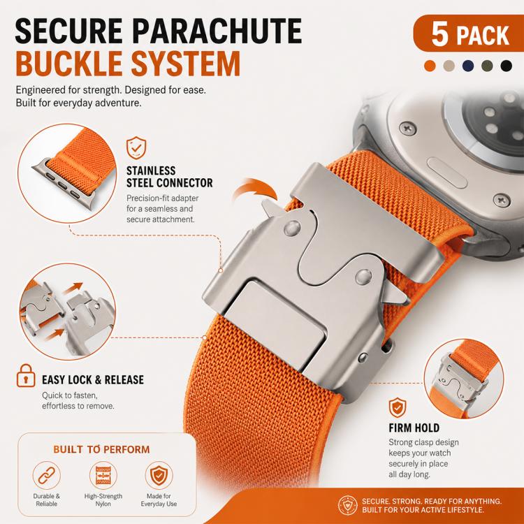 Orange nylon Apple Watch band with a close-up of its stainless steel parachute buckle.
