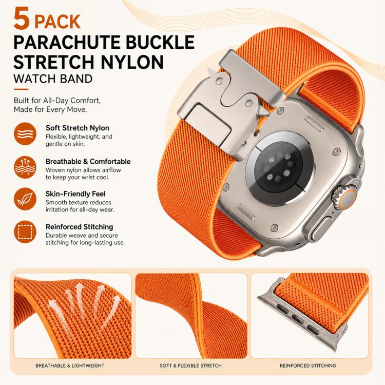Orange stretch nylon Apple Watch band with reinforced stitching and metal connectors.