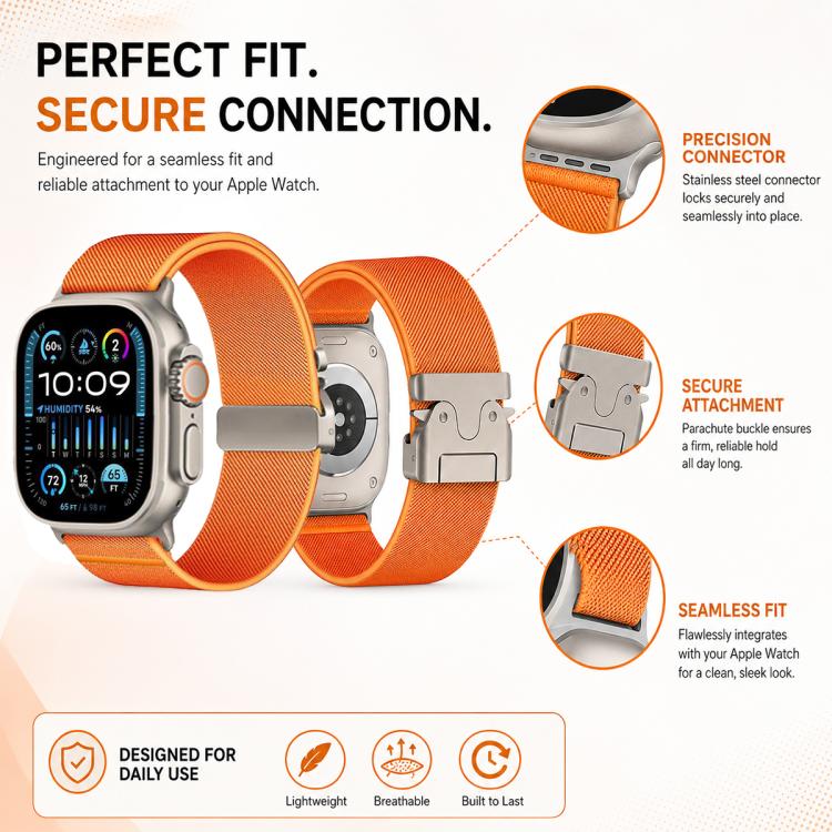 Orange stretch nylon Apple Watch band shown with its connector and buckle details.