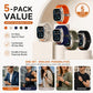 Five-color stretch nylon Apple Watch band set with watches wearing each color.