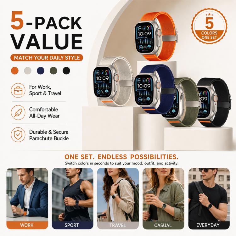 Five-color stretch nylon Apple Watch band set with watches wearing each color.