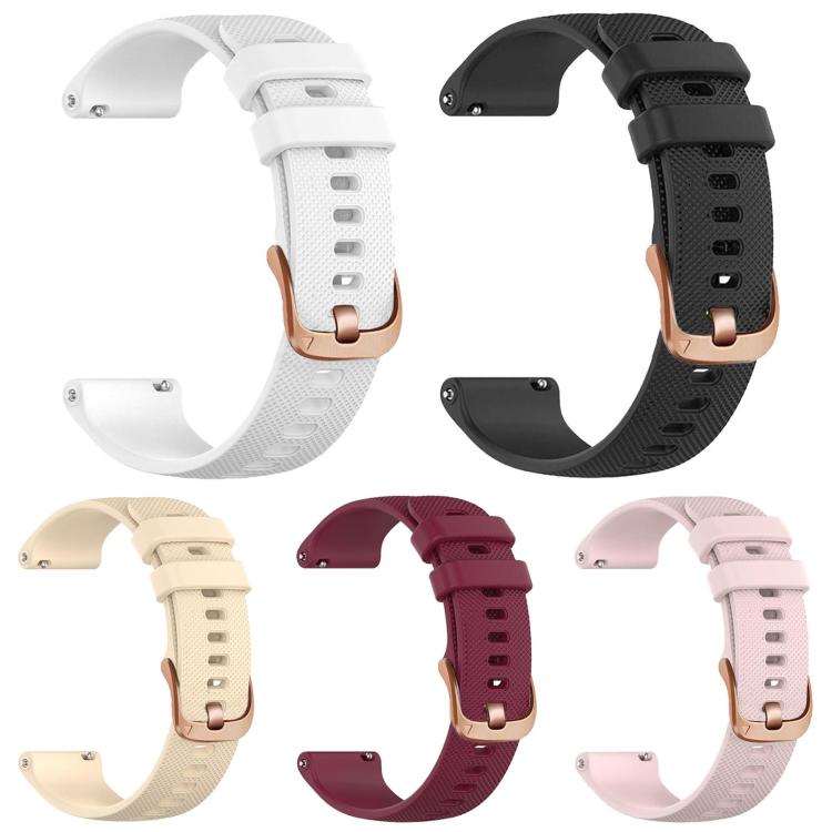 Five silicone sport watch bands in white, black, beige, burgundy, and pink with rose gold buckles