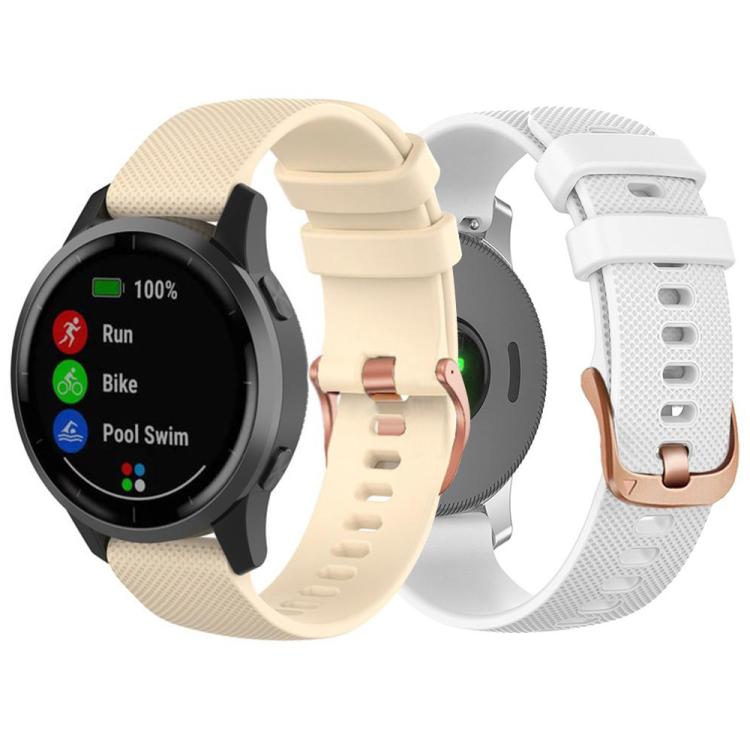 Beige and white silicone watch bands with rose gold buckles shown on smartwatches