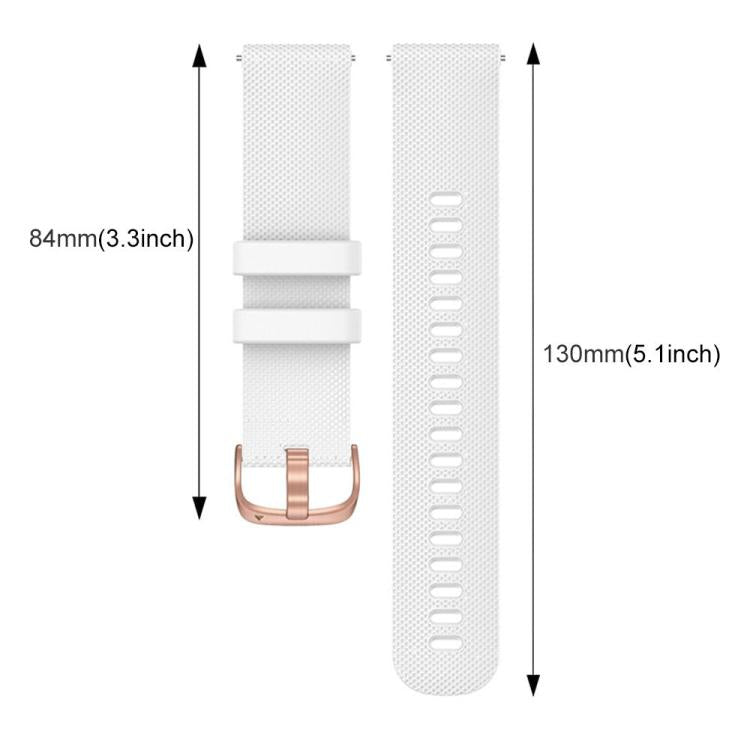 White silicone watch band shown in two lengths, with rose gold buckle and adjustment holes