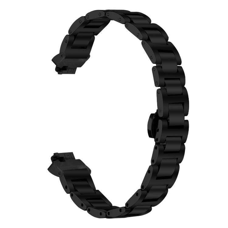 Black stainless steel Fitbit band with adjustable links and open clasp