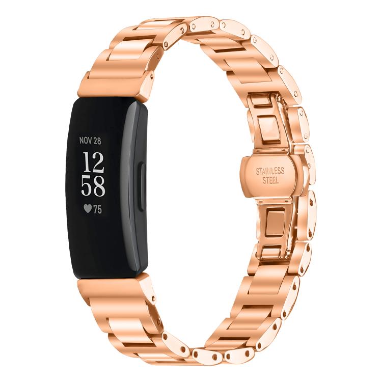 Rose gold stainless steel Fitbit band with linked bracelet and butterfly clasp