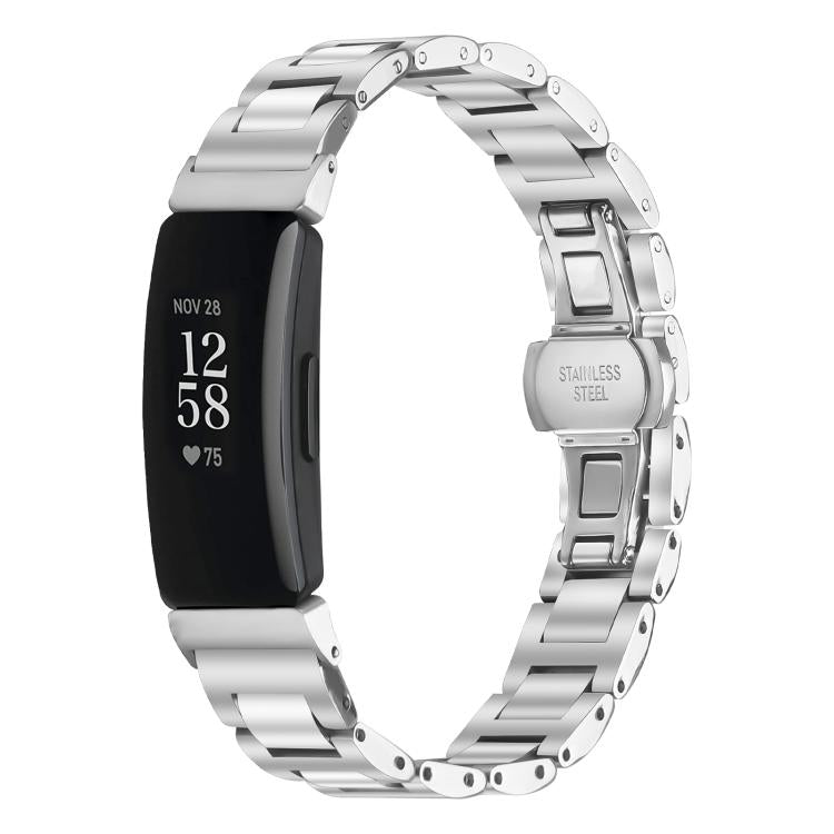 Silver stainless steel Fitbit watch band with adjustable links and butterfly buckle
