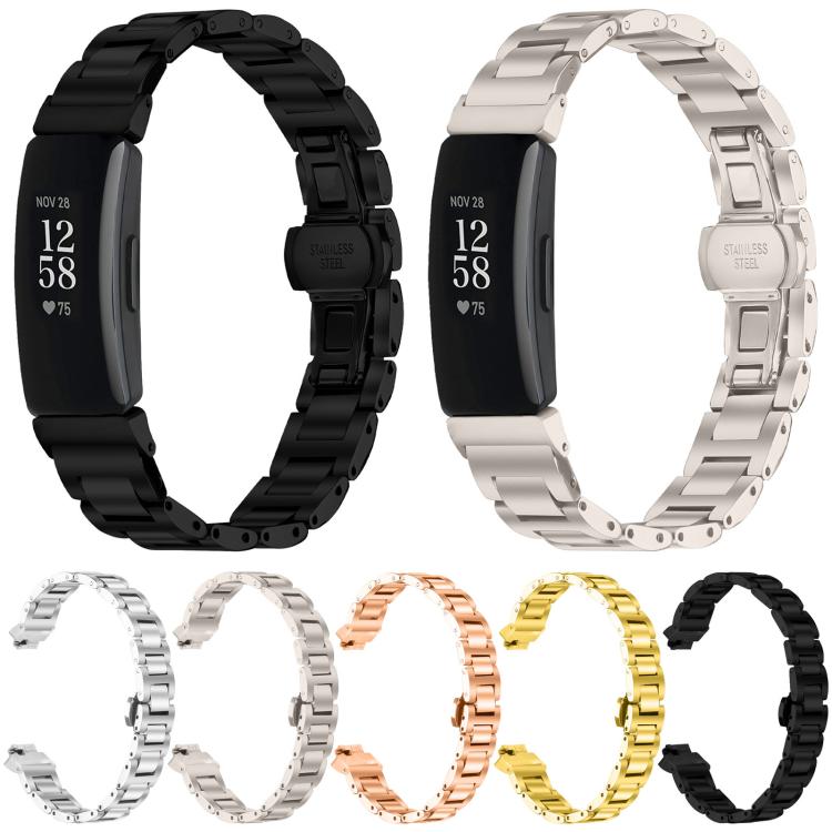 Stainless steel Fitbit watch bands in black, silver, starlight, rose gold, and gold