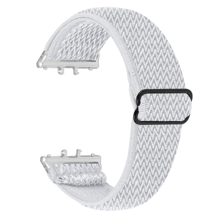 White wave-pattern elastic nylon watch band with silver connectors and black slider
