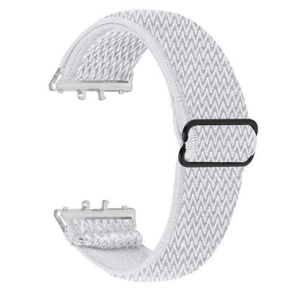 White wave-pattern elastic nylon watch band with silver connectors and black slider