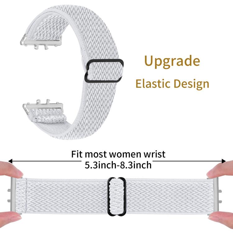White wave-pattern elastic nylon watch band shown looped and stretched flat