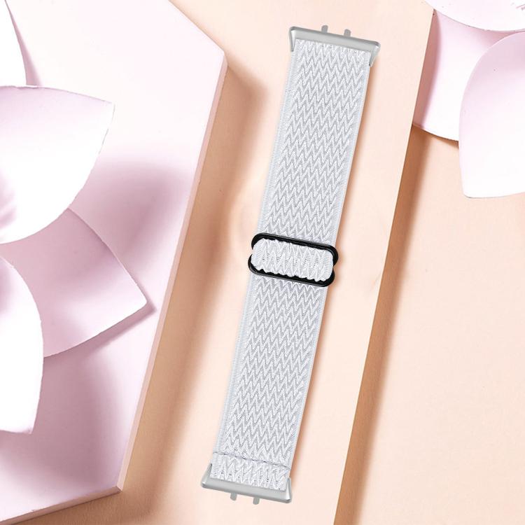White wave-pattern elastic nylon watch band with black slider and silver connectors