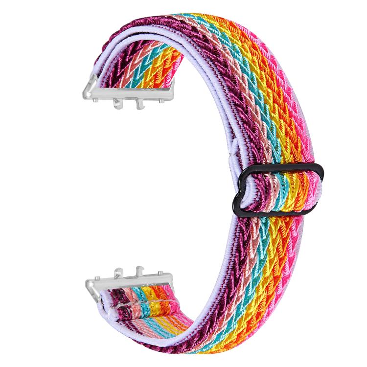 Multicolor wave-pattern elastic nylon watch band with silver connectors and black slider