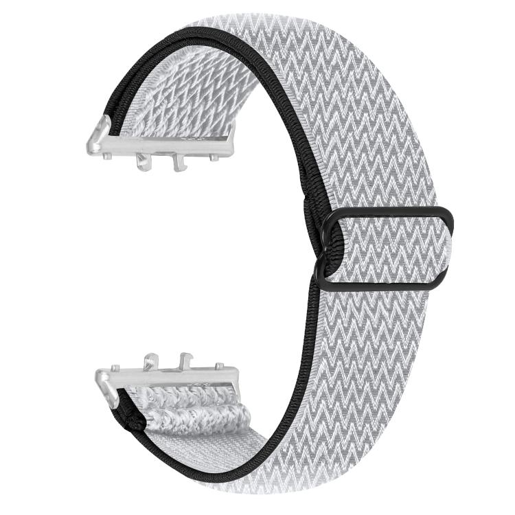 White wave-pattern elastic nylon watch band with black edging and silver connectors