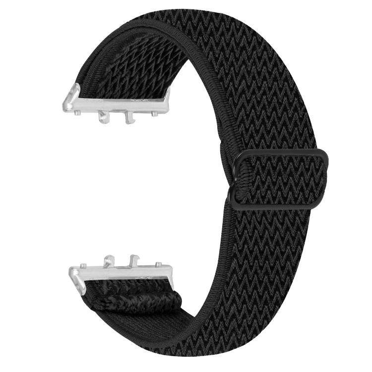Black wave-pattern elastic nylon watch band with silver connectors and black slider
