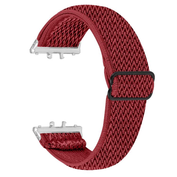 Red wave-pattern elastic nylon watch band with silver connectors and black slider