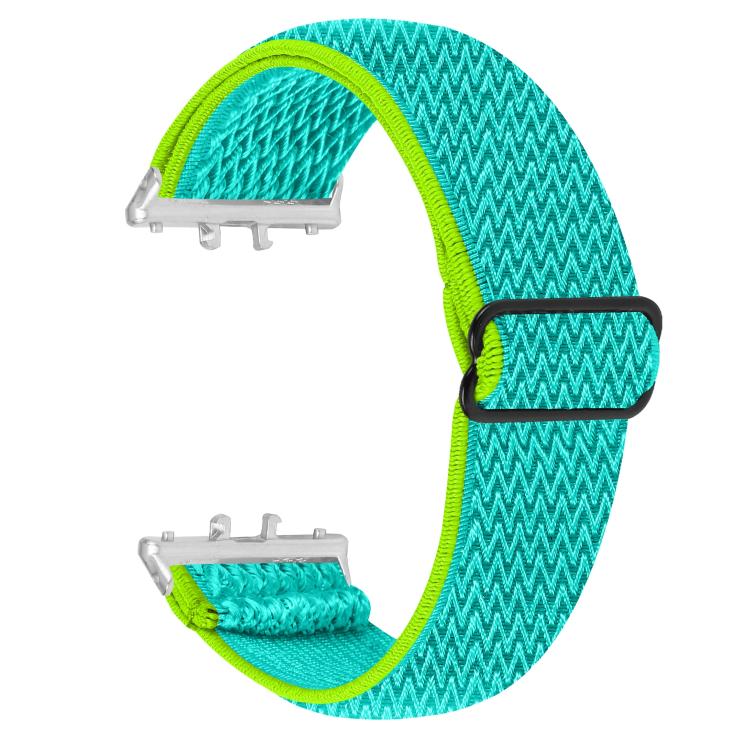 Turquoise wave-pattern elastic nylon watch band with lime trim and silver connectors