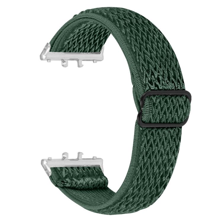 Dark green wave-pattern elastic nylon watch band with silver connectors and black slider