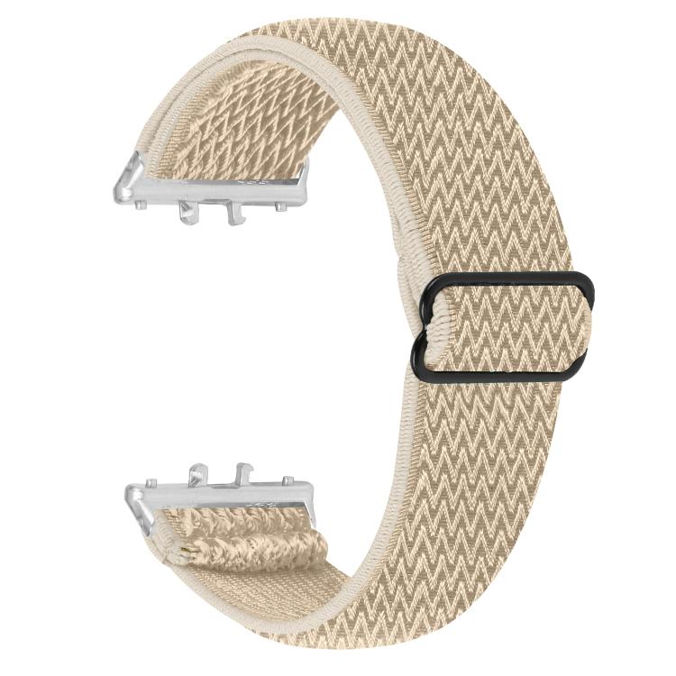 Beige elastic woven nylon watch band with wave pattern and silver connectors