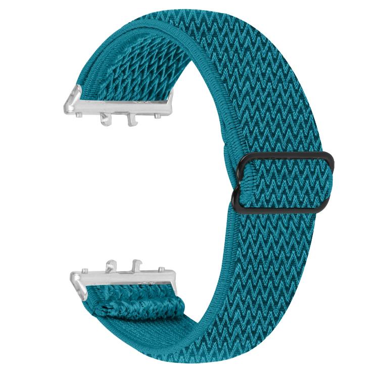 Teal elastic woven nylon watch band with wave pattern and silver connectors