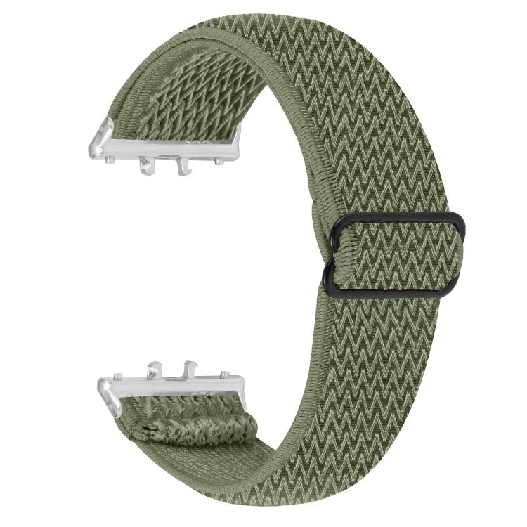 Olive green elastic woven nylon watch band with wave pattern and silver connectors