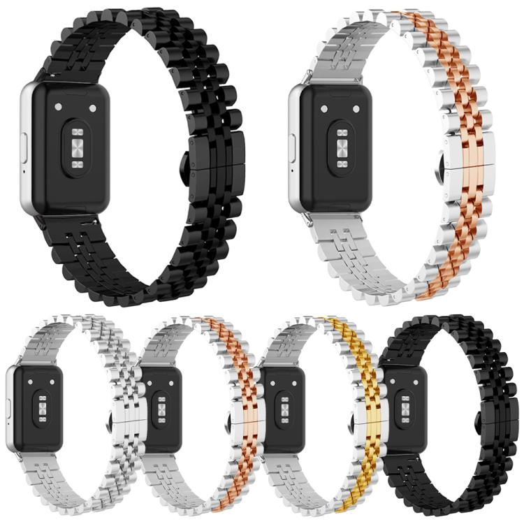 Stainless steel watch bands shown in black, silver, gold, and rose gold finishes
