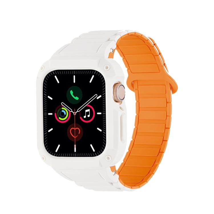 White and orange silicone watch band and protective case, front view