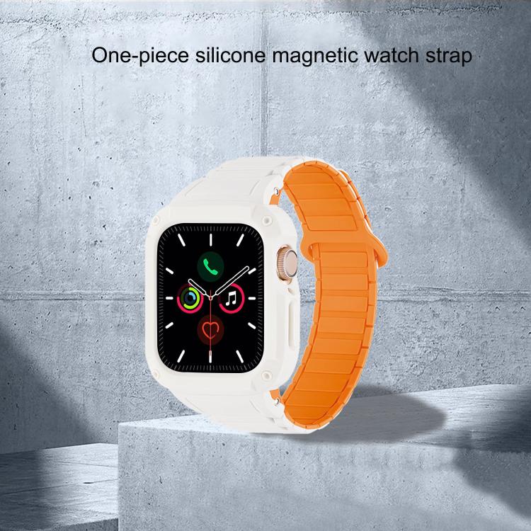 White and orange watch case and magnetic band shown on a smartwatch