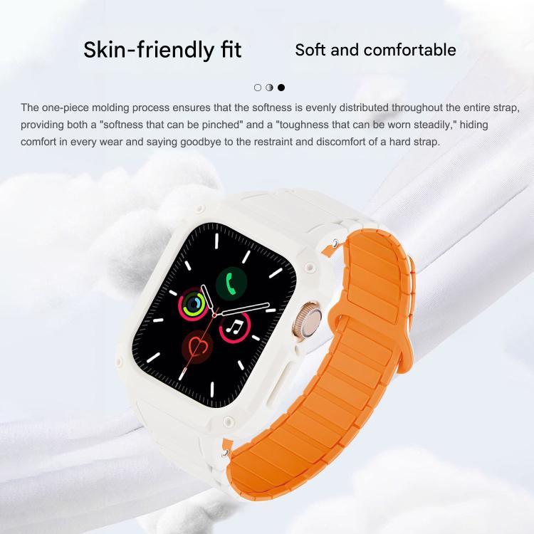 White and orange watch case and band, showing the flexible strap