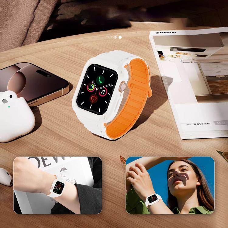 White and orange magnetic watch band shown on a smartwatch