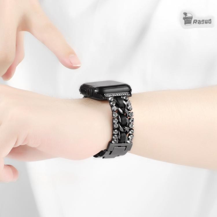 Black crystal and chain Apple Watch band worn on the wrist
