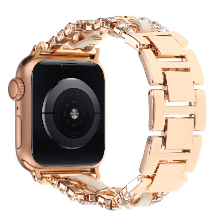 Rose gold-tone Apple Watch band with wide polished metal links, shown from the back