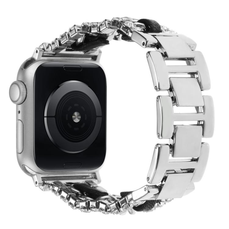 Silver metal Apple Watch band with black inserts and crystal-like edge details