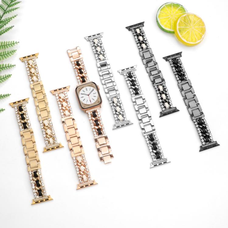 Apple Watch bands with diamond accents, metal links, and black or white inlays in gold, rose gold, and silver
