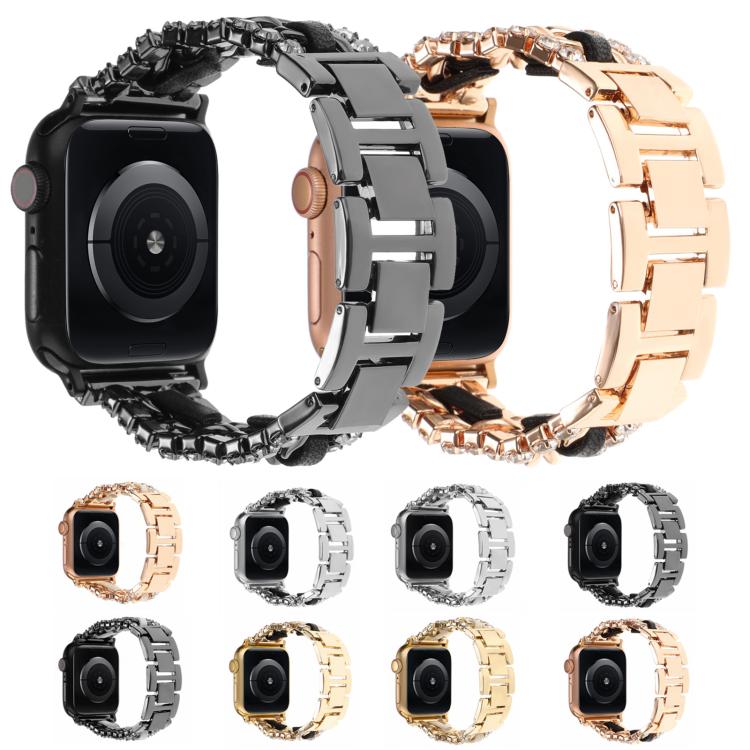 Apple Watch band color options in black, silver, gold, and rose gold finishes